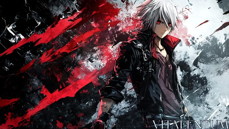 Crimson vector slashes encircling silver haired anime antihero.