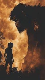 Colossal gorilla confronts lone hero amid burning jungle.