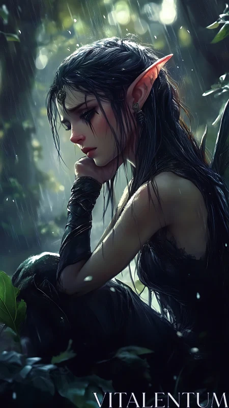Elf figure seated in rainy forest with reflective posture.