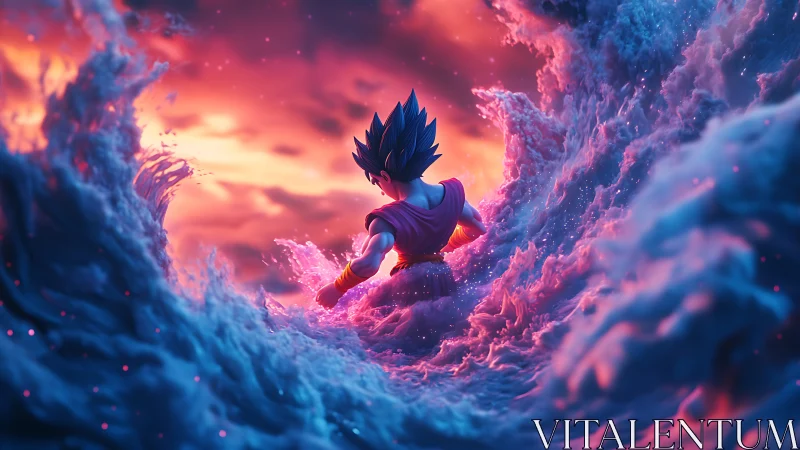 Heroic anime warrior embracing a glowing cosmic storm.