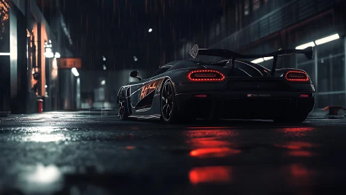 Rear view of black sports car on wet city street at night.