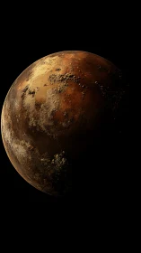 Rugged brown planet in deep space with shadowed surface.