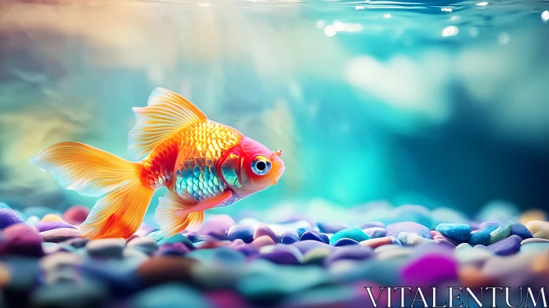 Vivid goldfish close-up above multicolored aquarium substrate