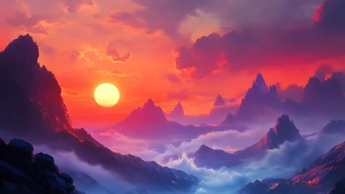 Vibrant alien mountains glow under colossal setting sun