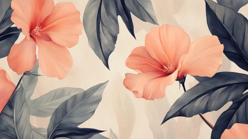 Coral Hibiscus Blooms with Dark Foliage.