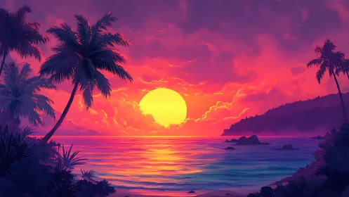 Tropical coastline with stylized sunset over calm ocean waters.