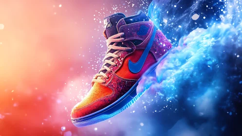 Vibrant neon sneaker glowing between fire and ice energy.