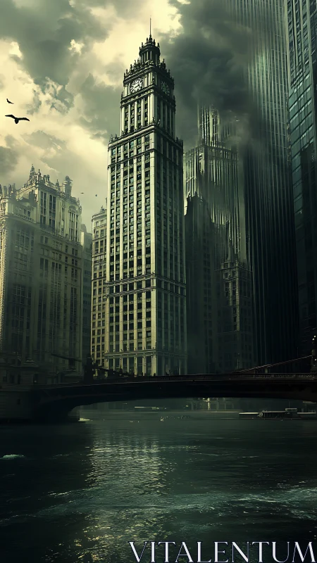 Stormlit clocktower city brooding over emerald river skies.