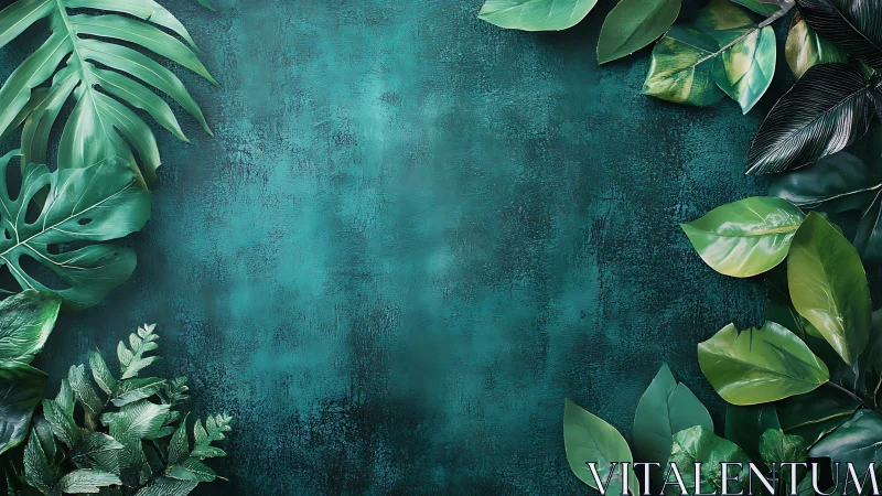 Lush green leaves framing a tranquil teal textured backdrop.