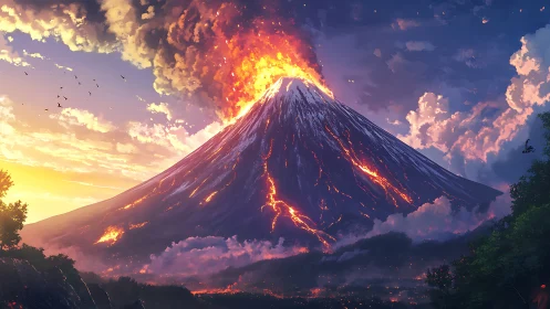Fiery volcanic peak erupts warmly against a glowing sky