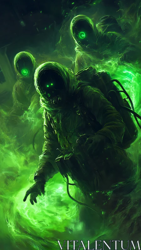 Hazmat-suited figures stand in luminous green vapor field