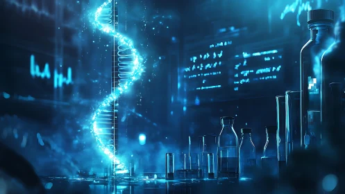 Glowing DNA helix over blue lab glassware in dark lab scene.