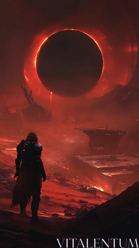 Armored wanderer surveys eclipse-lit volcanic sci-fi wasteland