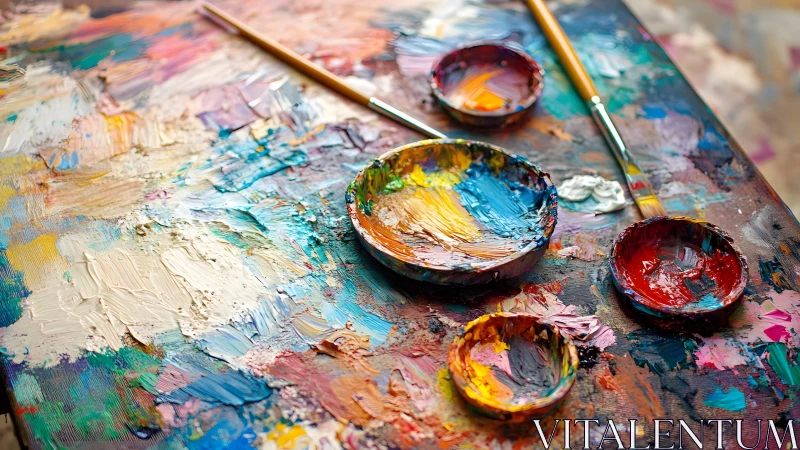 Vibrant painter&rsquo;s palette with brushes in expressive abstract style.