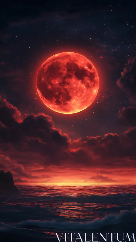 Digital painting of a crimson moonrise over glowing ocean horizon.