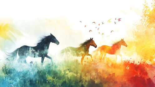 Wild horses gallop through vibrant watercolor light and color