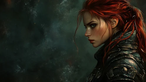 Red-haired warrior in profile rendered as moody digital portrait