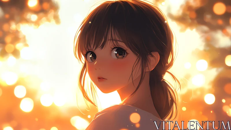 Side-profile anime portrait shows girl amid warm bokeh light