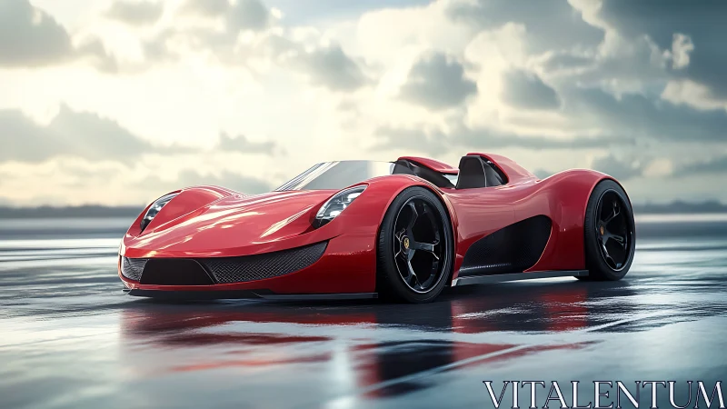 Low-slung red electric speedster on wet runway under storm clouds