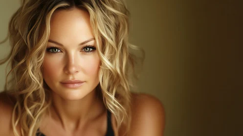 Neutral portrait of woman with wavy blonde hair in studio.