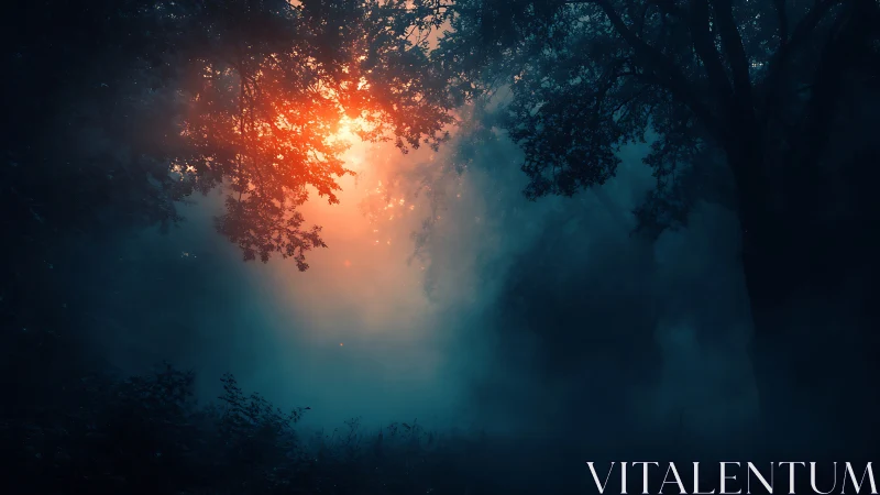 Volumetric dawn light scattering through dense misted forest.