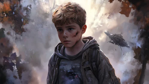 Young boy in worn clothing before distant aircraft in mist.