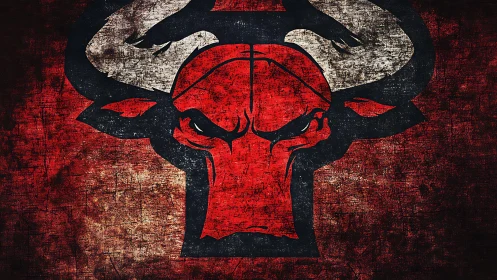 Stylized red bull head emblem on distressed dark field.