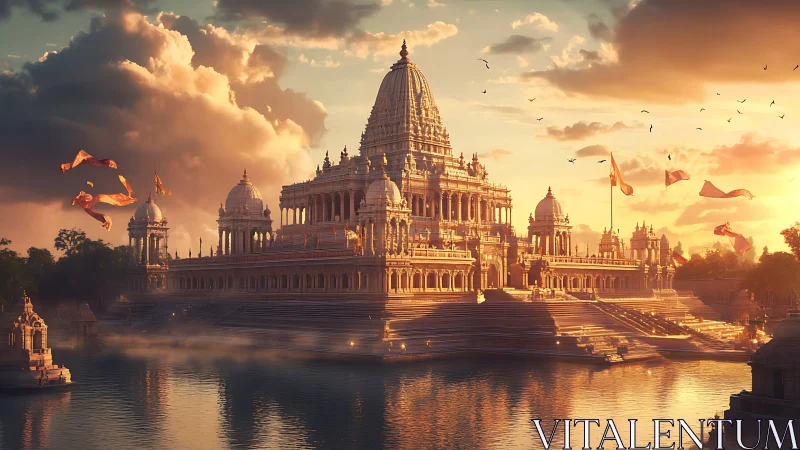 Sunlit riverside temple complex rendered in high-detail realism