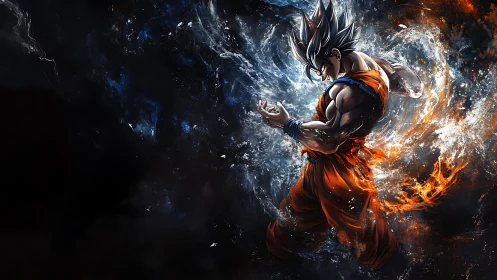 Surging anime warrior gathers swirling cosmic power around