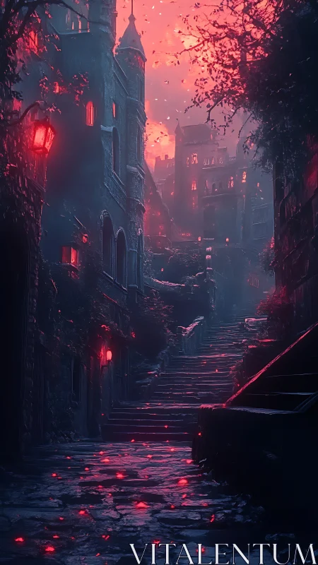 Volumetric-lit gothic stairway under incandescent crimson sky.