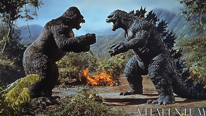 Colossal jungle showdown between towering movie monsters.