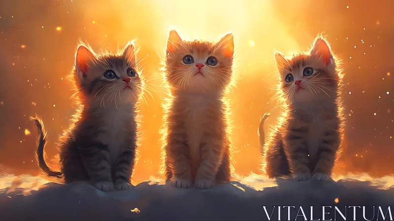Three Adorable Kittens Glowing Against a Warm Golden Sunset