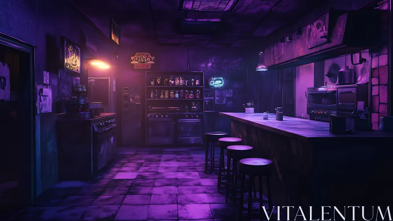 Neon lit empty bar interior with moody purple lighting.