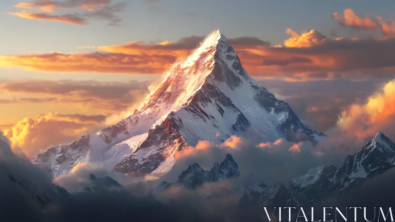 Golden sunset summit rising above glowing cloud seas.