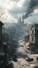 War-damaged European street shows distant church under attack