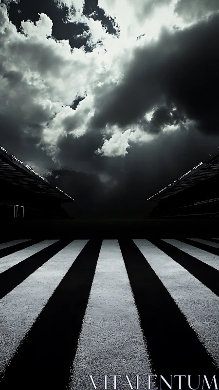 Striped stadium field under overcast dramatic clouded sky.
