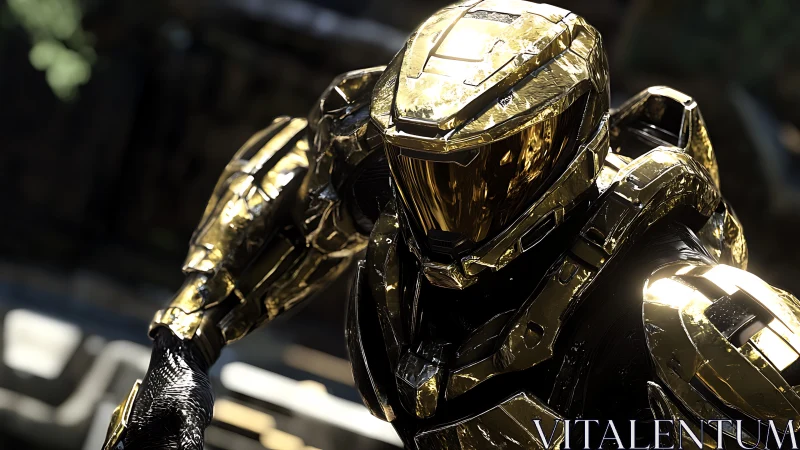 Gleaming golden sci fi soldier ready for an epic adventure.
