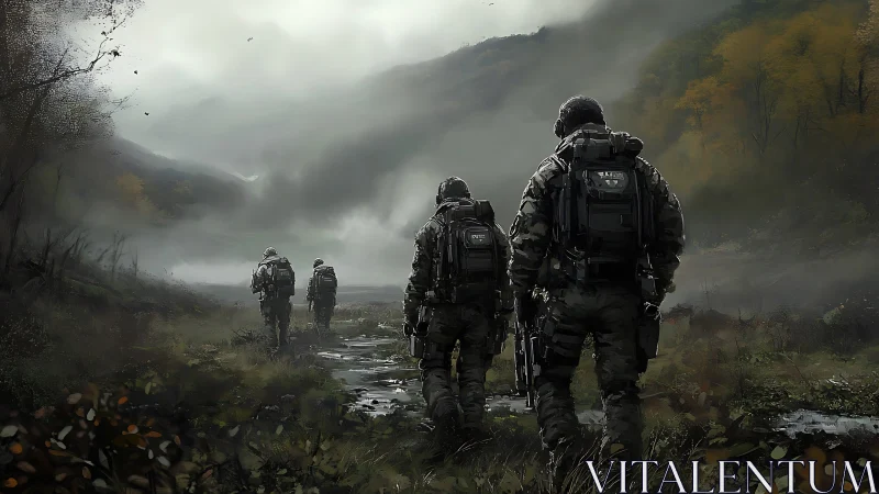 Futuristic soldiers advancing through misty mountain valley.