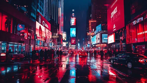 Neon city street glows warmly on a rainy, bustling night