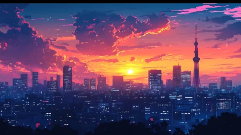 Neon city skyline under vivid magenta-orange sunset glow.