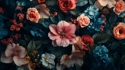 Floral arrangement displaying coral roses with deep teal botanical backdrop
