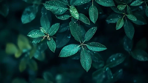 Rain droplets rest on dark green leaves in soft focus