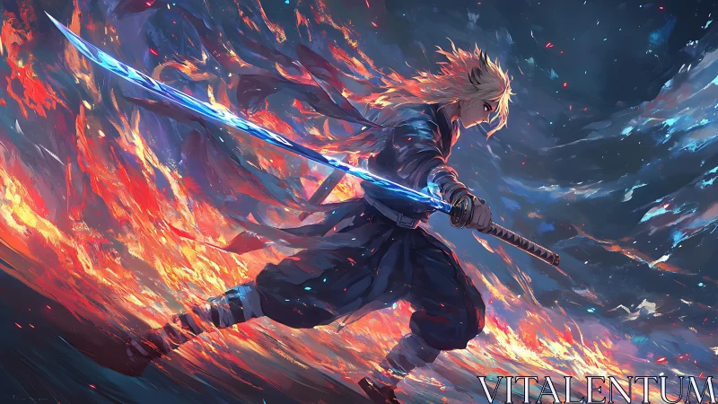 Flame haired swordsman charging with luminous katana arc