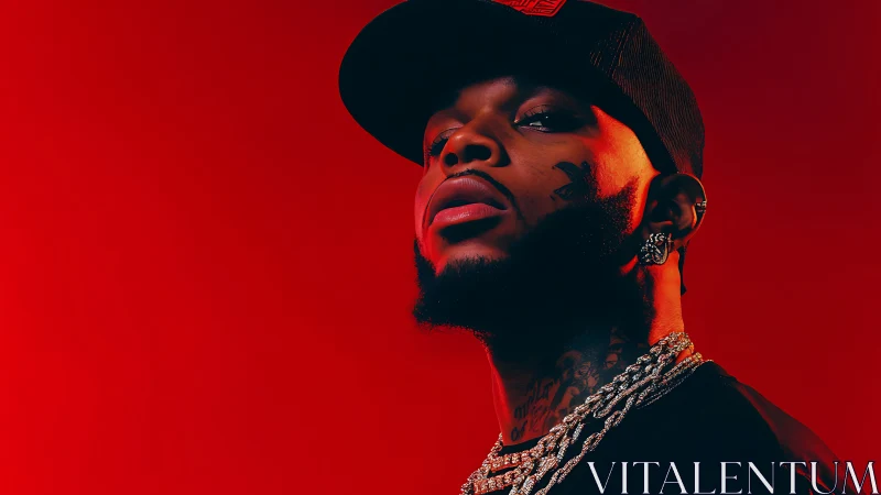 Side-lit portrait of man in cap against uniform red backdrop