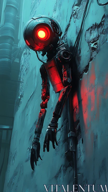 Suspended monocular surveillance robot in teal alleyway light