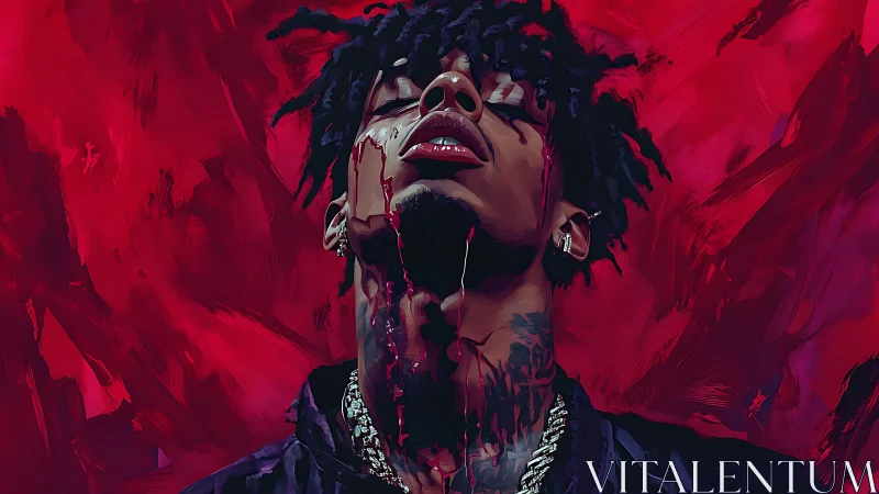 Chromatic portrait with viscous red flow and upward gaze.