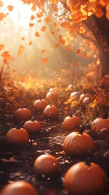 Autumn pumpkin stream under glowing backlit foliage canopy.