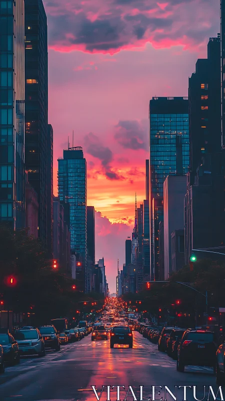 Neon dusk traffic slicing through mirrored city towers.
