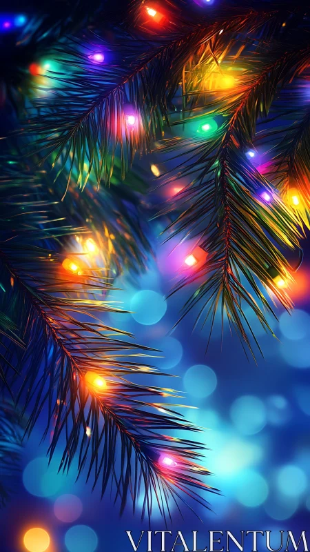 Glowing holiday pine branches with vivid festive bokeh background.