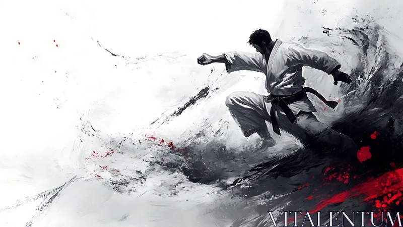 Martial artist strikes through abstract ink wave in motion.